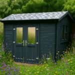 Breckland Winchester Apex 8 x 6 with 1/2 length French double doors , external painted finish in Anthracite Grey and Slate effect tiled roof