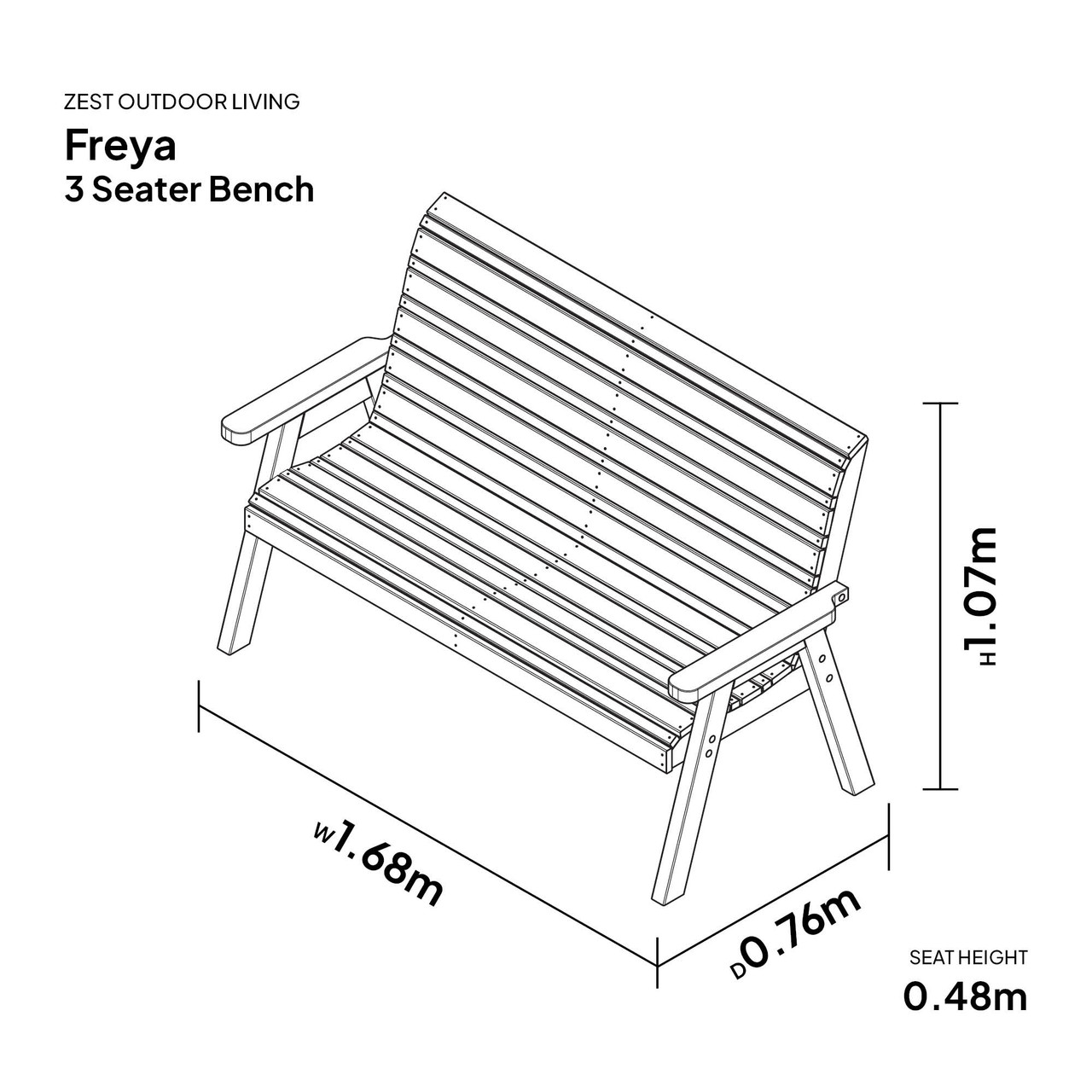 Zest Freya 3-Seater bench measurements